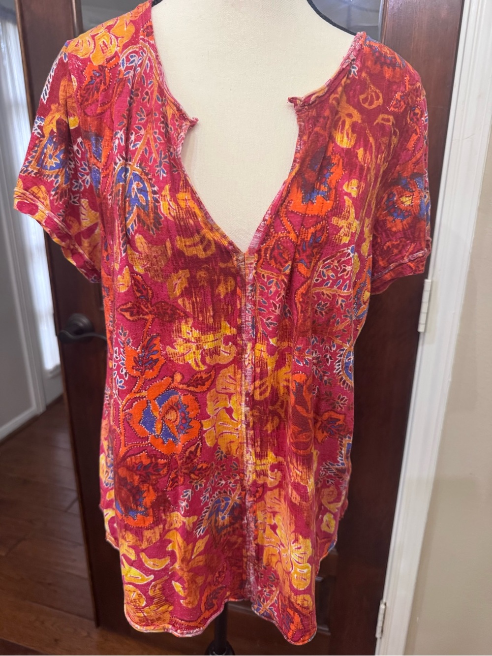 Pilcro Anthropologie Boho Floral Print Tunic Top XL Orange Pink